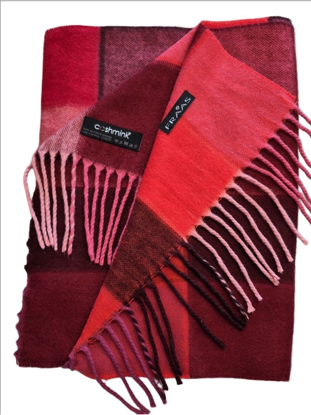FRAAS Cashmink Red Pink Burgundy Orange Plaid Fringe Winter Scarf 11"x65"